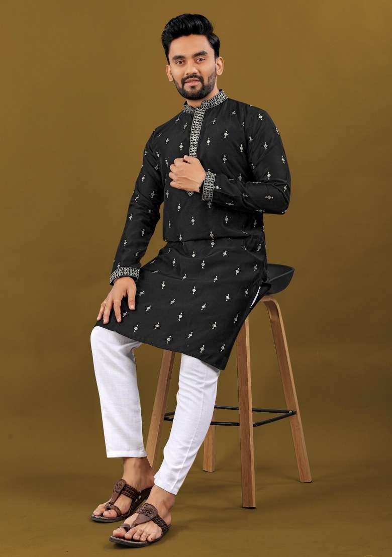 Black Embroidered Silk Blend Kurta Pajama Set For Men - Indya