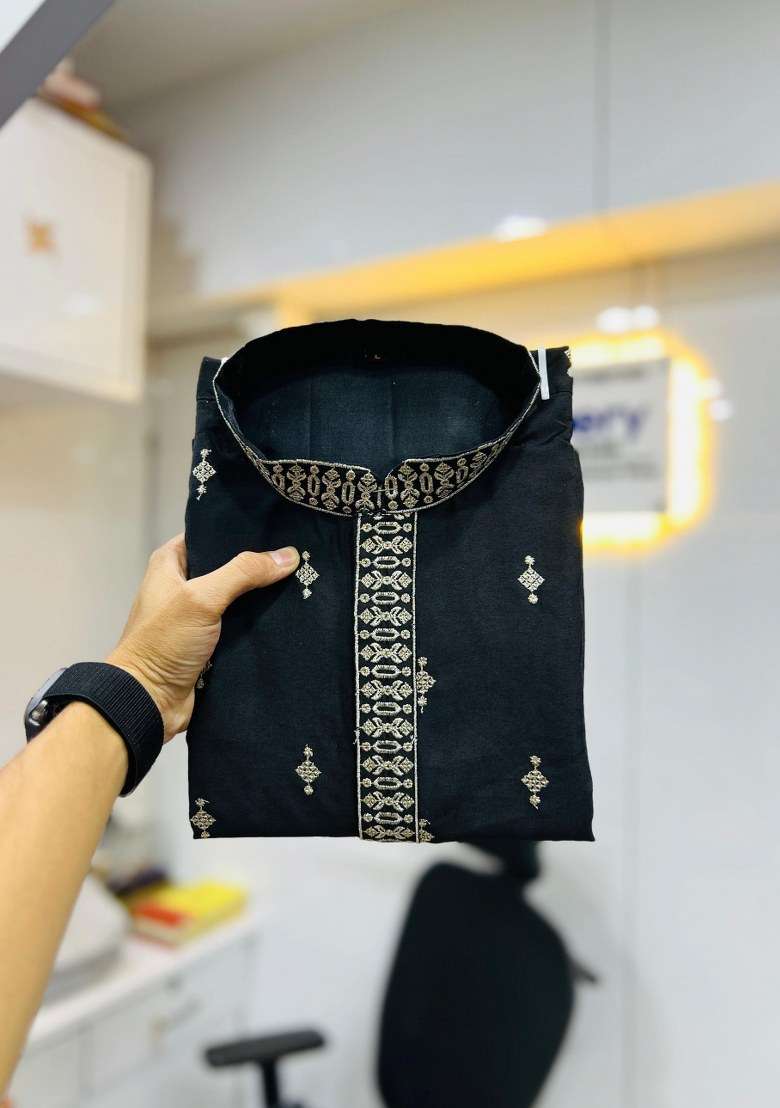Black Embroidered Silk Blend Kurta Pajama Set For Men - Indya