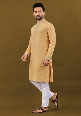 Yellow Embroidered Silk Kurta Pajama Set For Men