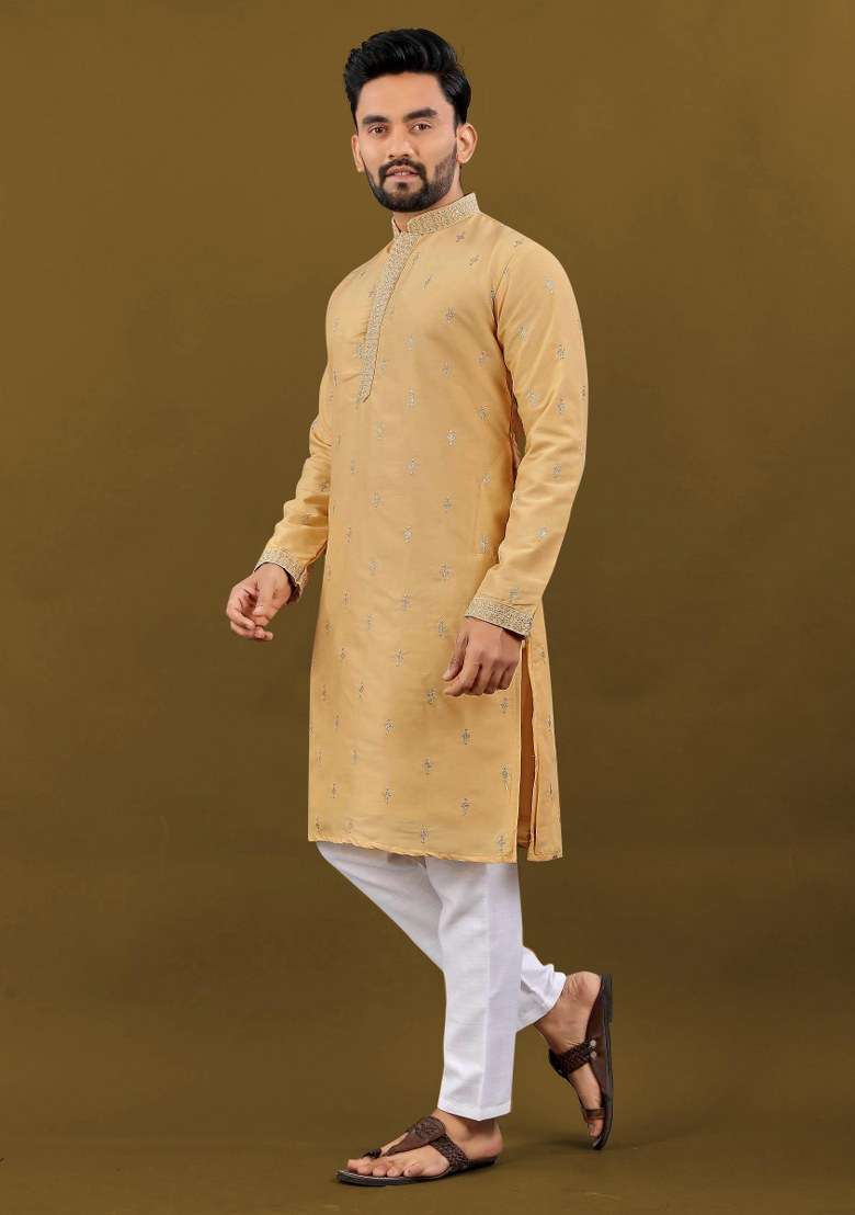 Yellow Embroidered Silk Blend Kurta Pajama Set For Men - Indya