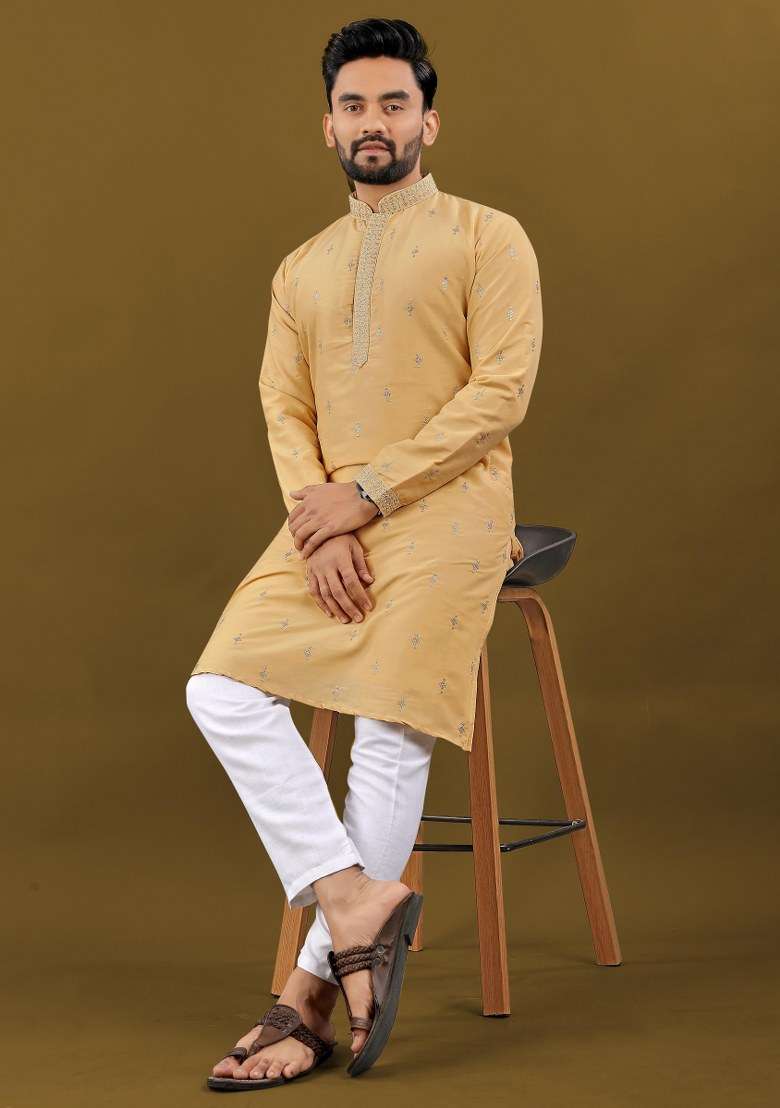 Yellow Embroidered Silk Blend Kurta Pajama Set For Men - Indya