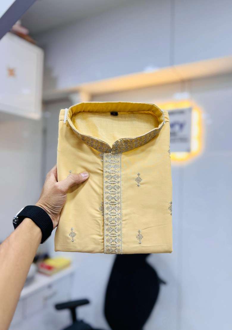 Yellow Embroidered Silk Blend Kurta Pajama Set For Men - Indya