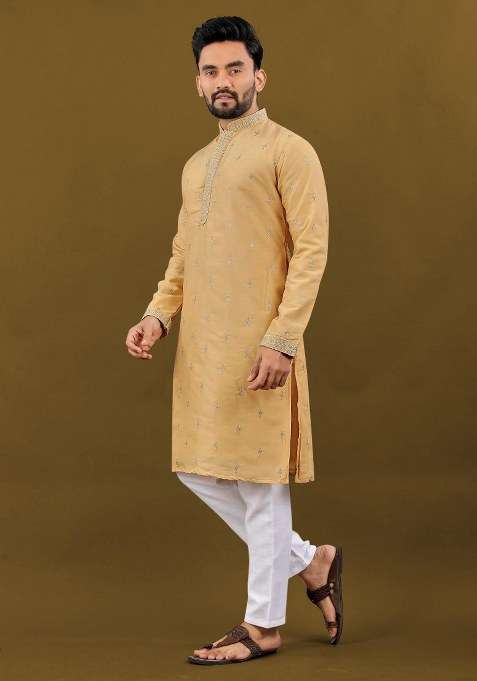Yellow Embroidered Silk Blend Kurta Pajama Set For Men