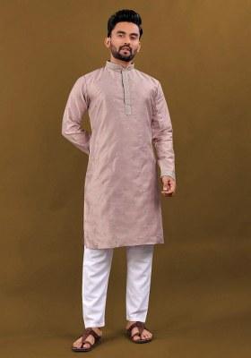 Pink Embroidered Silk Kurta Pajama Set For Men