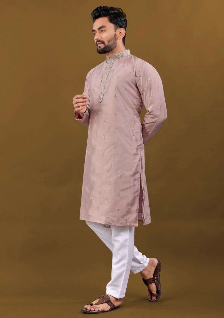 Pink Embroidered Silk Blend Kurta Pajama Set For Men - Indya