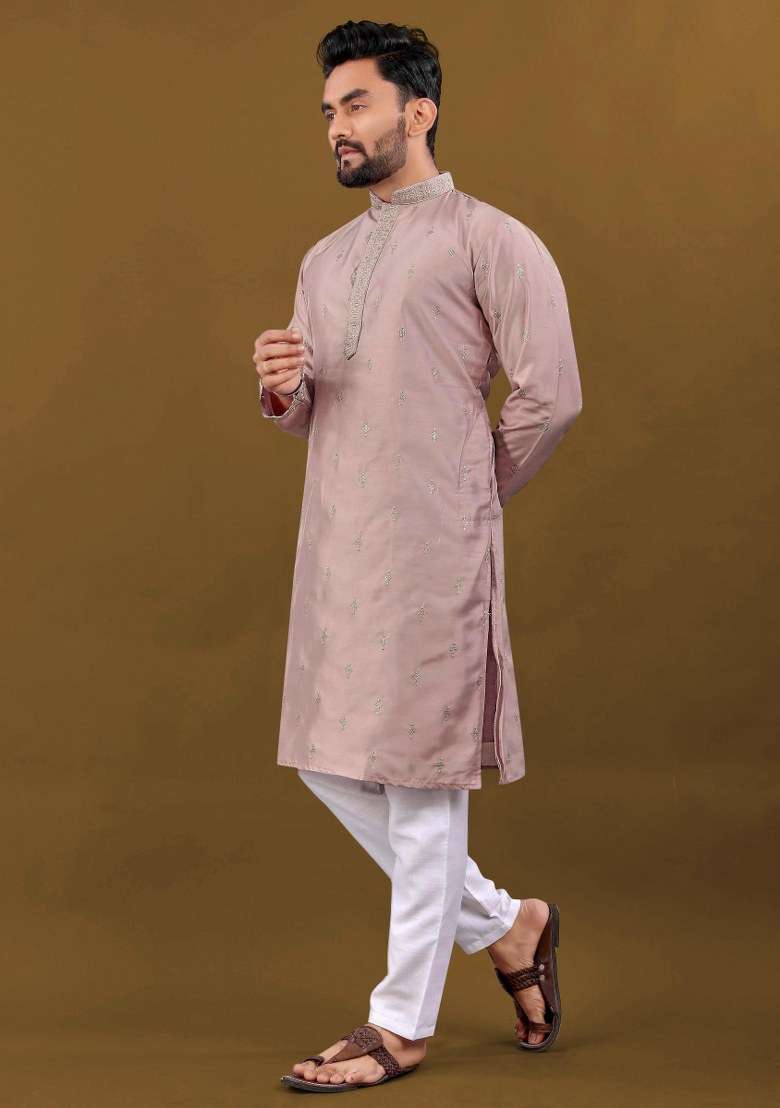Pink Embroidered Silk Blend Kurta Pajama Set For Men - Indya