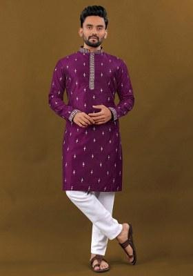 Purple Embroidered Silk Blend Kurta Pajama Set For Men