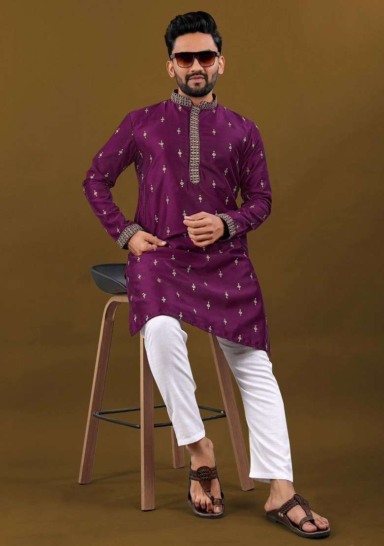 Purple Embroidered Silk Blend Kurta Pajama Set For Men - Indya