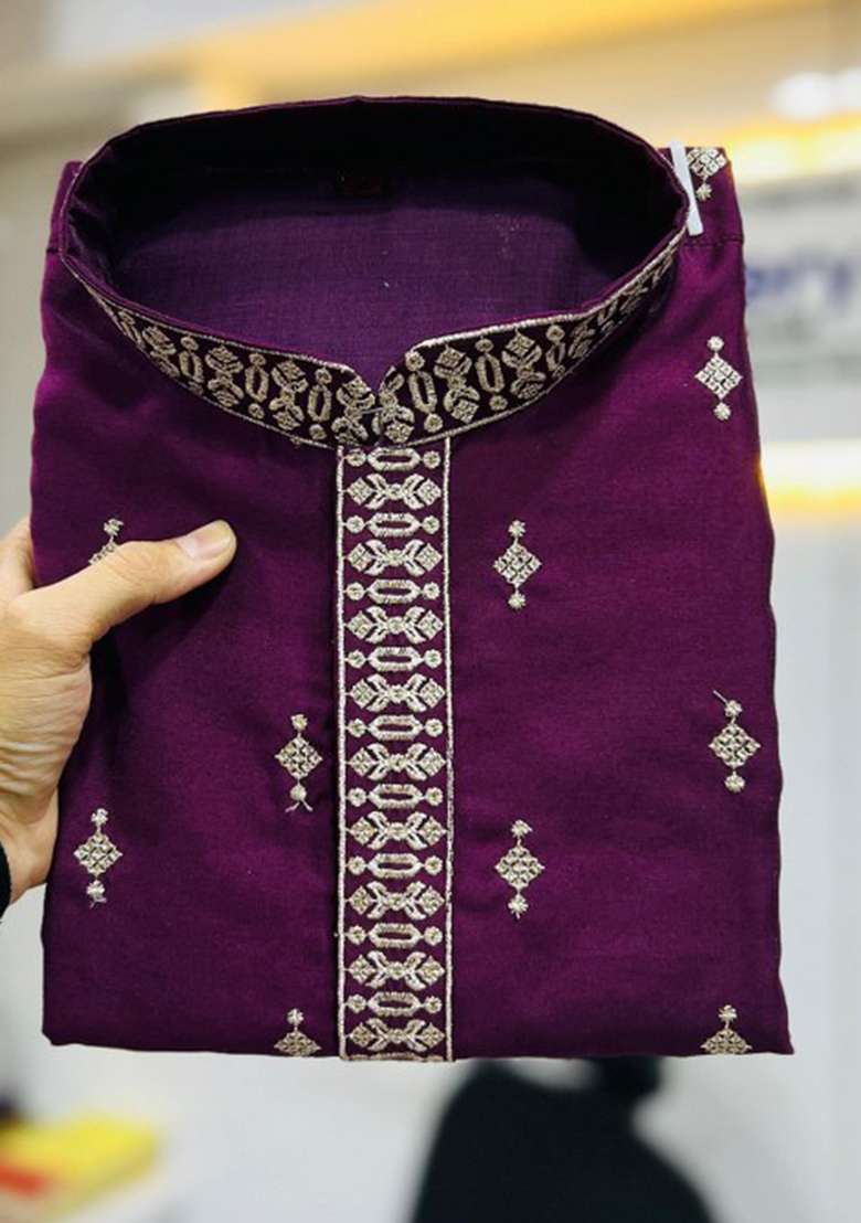 Purple Embroidered Silk Blend Kurta Pajama Set For Men - Indya