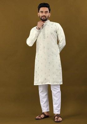 White Embroidered Silk Kurta Pajama Set For Men