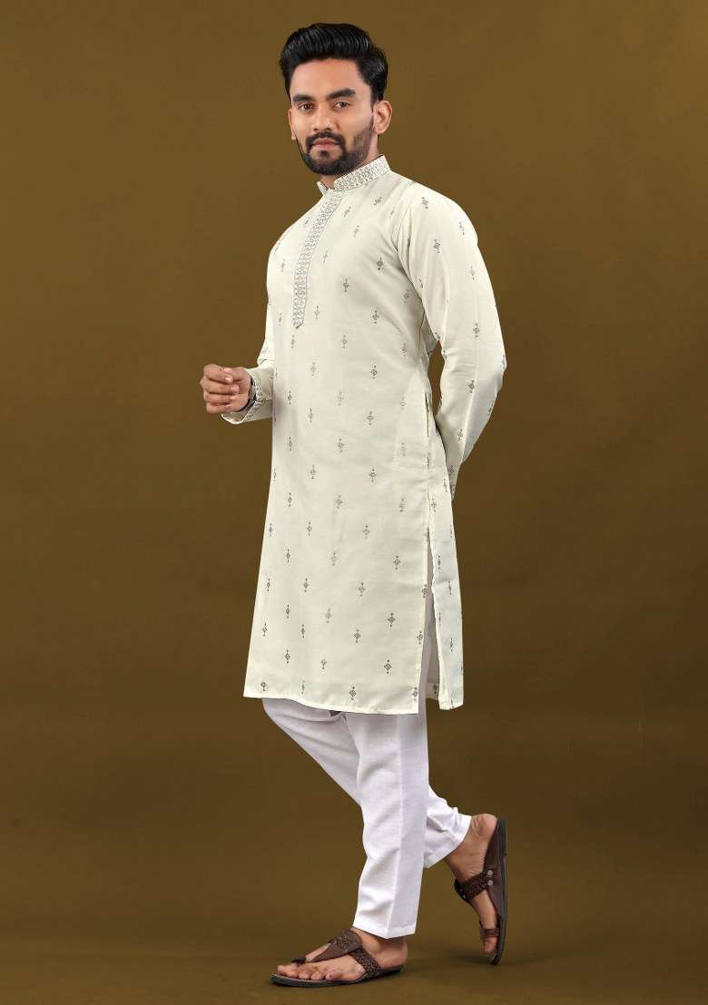 White Embroidered Silk Blend Kurta Pajama Set For Men - Indya