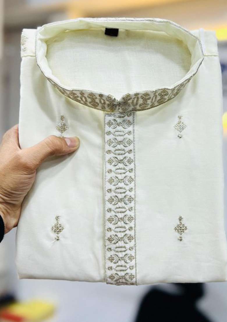 White Embroidered Silk Blend Kurta Pajama Set For Men - Indya