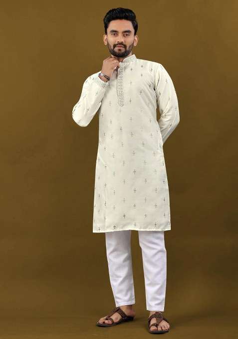 White Embroidered Silk Blend Kurta Pajama Set For Men