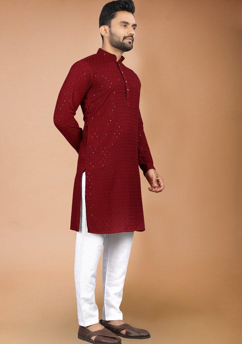Maroon Embroidered Rayon Kurta Pajama Set For Men