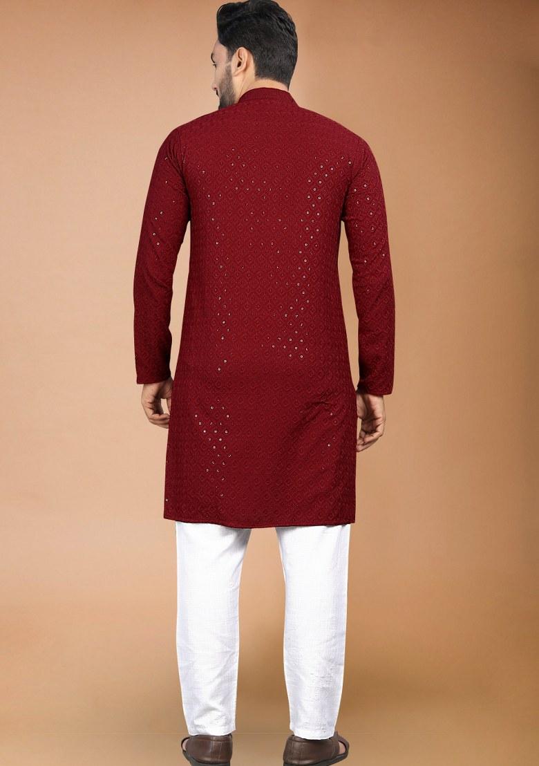 Maroon Embroidered Rayon Kurta Pajama Set For Men
