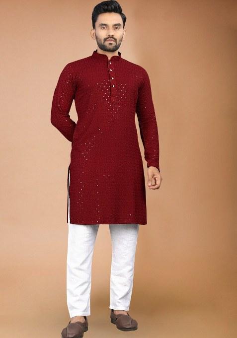 Maroon Embroidered Rayon Kurta Pajama Set For Men