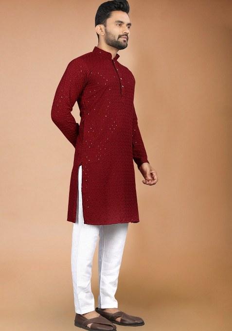 Maroon Embroidered Rayon Kurta Pajama Set For Men