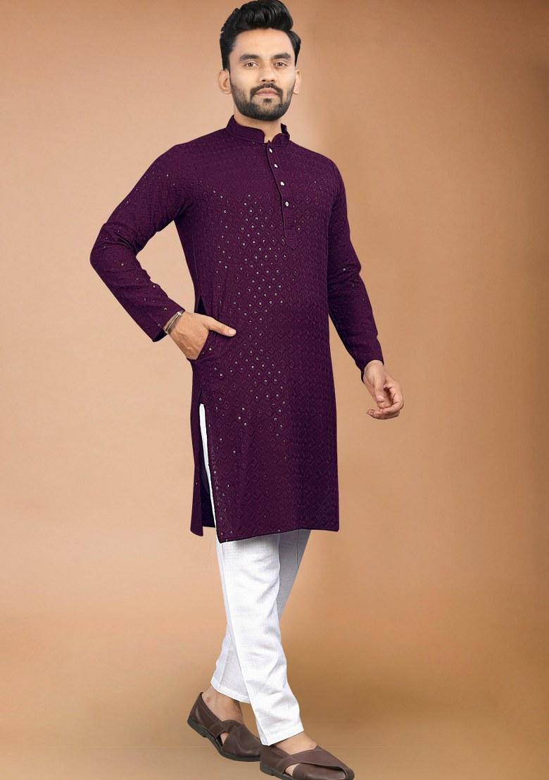 Wine Embroidered Rayon Kurta Pajama Set For Men