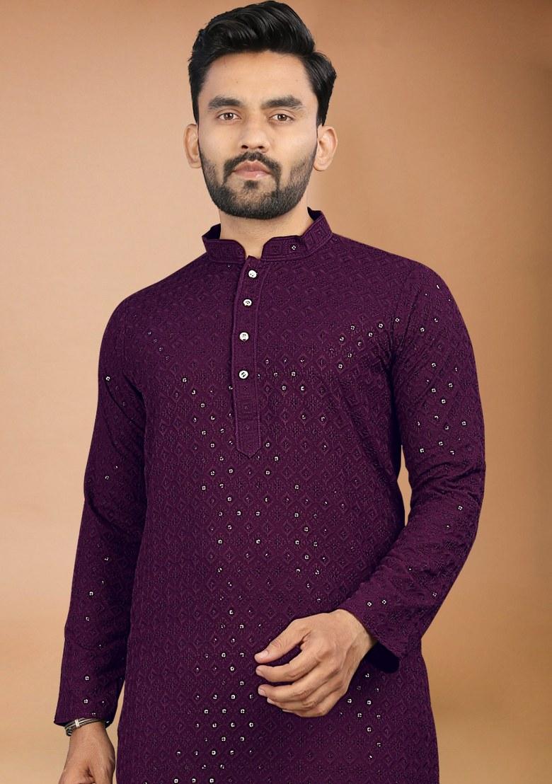 Wine Embroidered Rayon Kurta Pajama Set For Men