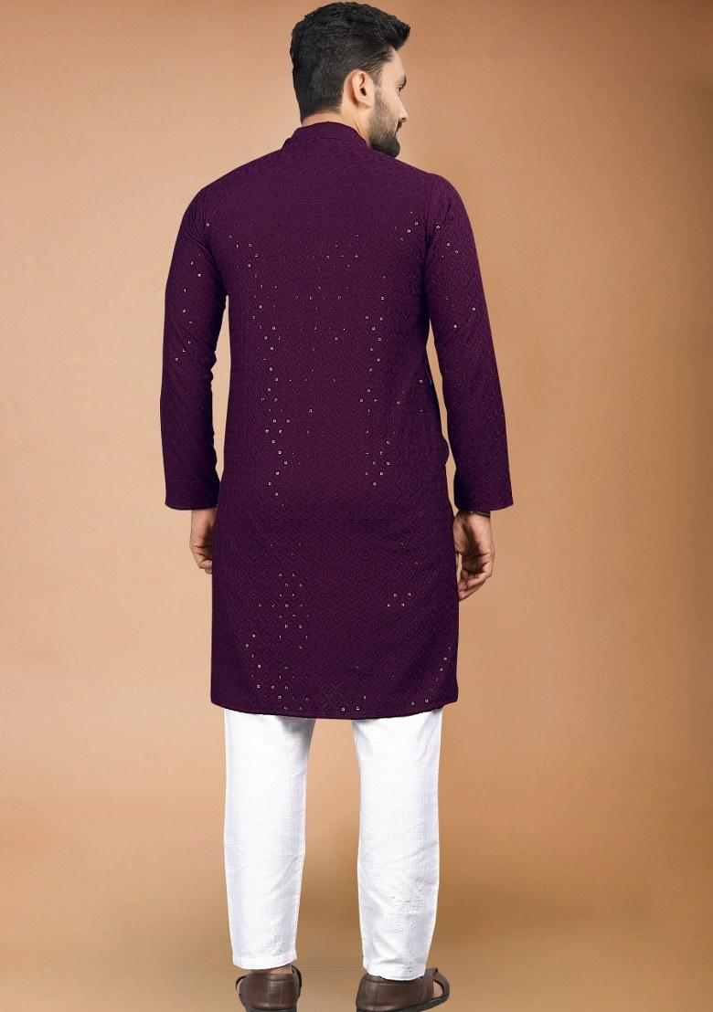Wine Embroidered Rayon Kurta Pajama Set For Men