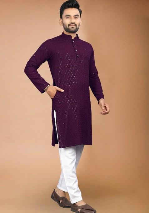 Wine Embroidered Rayon Kurta Pajama Set For Men