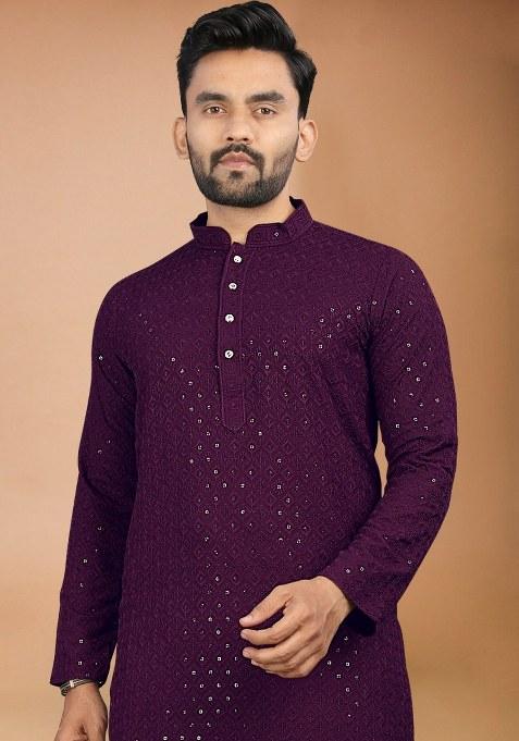 Wine Embroidered Rayon Kurta Pajama Set For Men