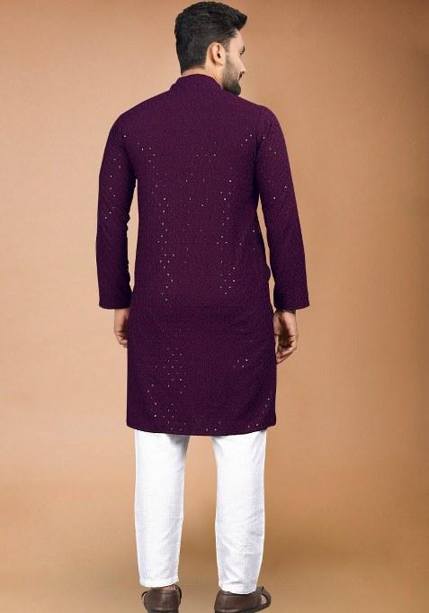 Wine Embroidered Rayon Kurta Pajama Set For Men