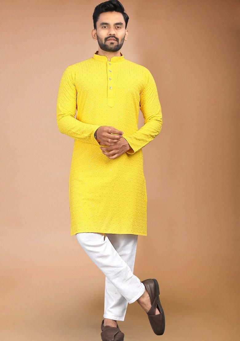 Yellow Embroidered Rayon Kurta Pajama Set For Men