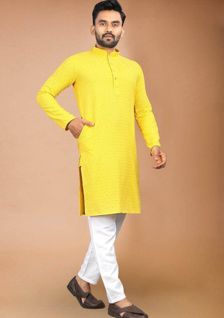 Yellow Embroidered Rayon Kurta Pajama Set For Men