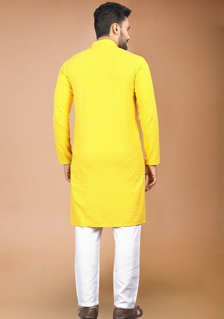 Yellow Embroidered Rayon Kurta Pajama Set For Men