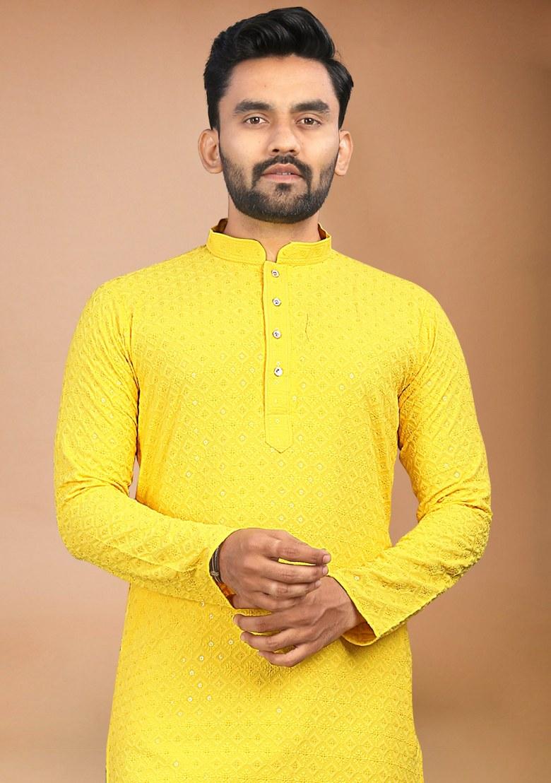 Yellow Embroidered Rayon Kurta Pajama Set For Men