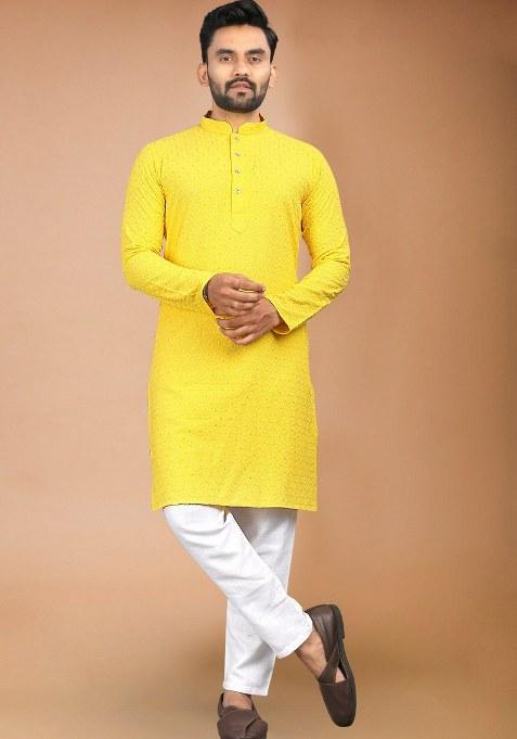 Yellow Embroidered Rayon Kurta Pajama Set For Men