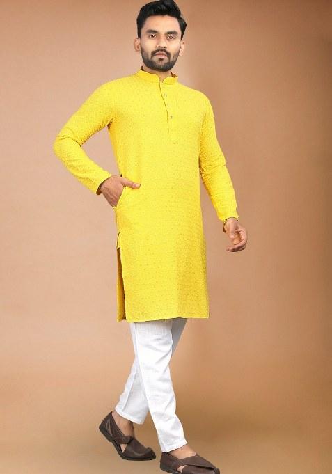 Yellow Embroidered Rayon Kurta Pajama Set For Men
