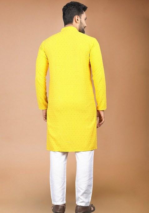 Yellow Embroidered Rayon Kurta Pajama Set For Men