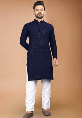 Navy Blue Embroidered Rayon Kurta Pajama Set For Men