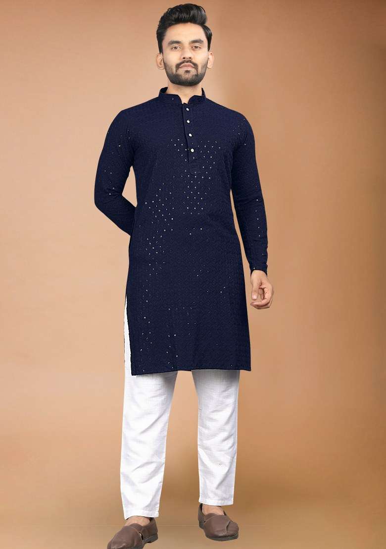 Navy Blue Embroidered Rayon Kurta Pajama Set For Men - Indya