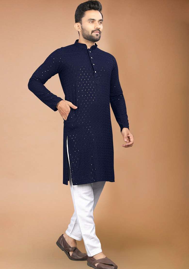 Navy Blue Embroidered Rayon Kurta Pajama Set For Men - Indya