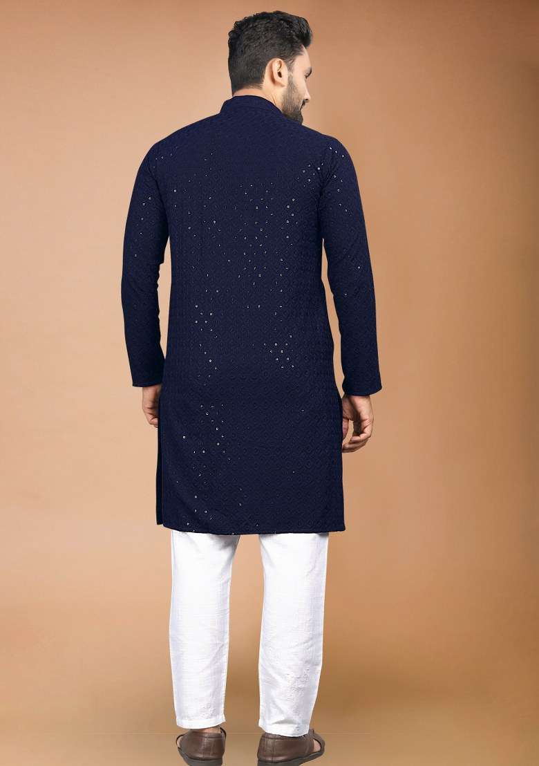 Navy Blue Embroidered Rayon Kurta Pajama Set For Men - Indya