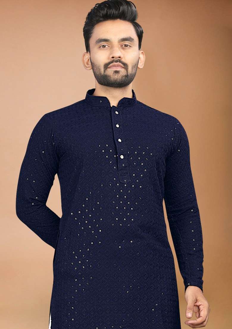 Navy Blue Embroidered Rayon Kurta Pajama Set For Men - Indya