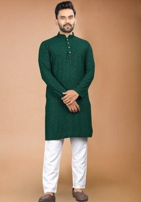 Green Embroidered Rayon Kurta Pajama Set For Men