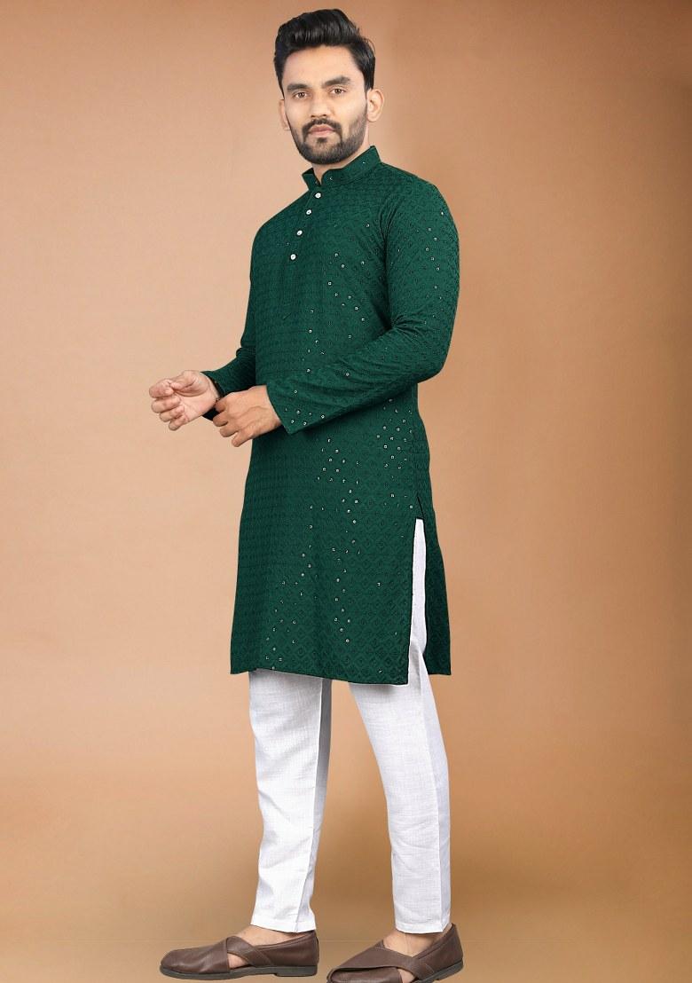 Green Embroidered Rayon Kurta Pajama Set For Men