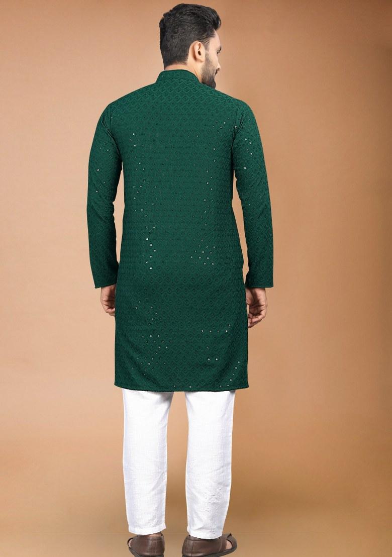 Green Embroidered Rayon Kurta Pajama Set For Men