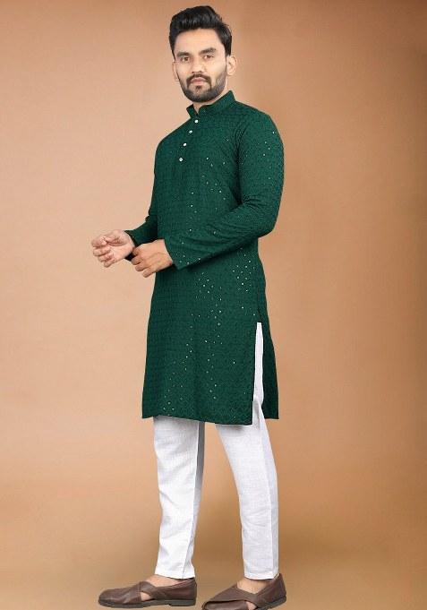 Green Embroidered Rayon Kurta Pajama Set For Men