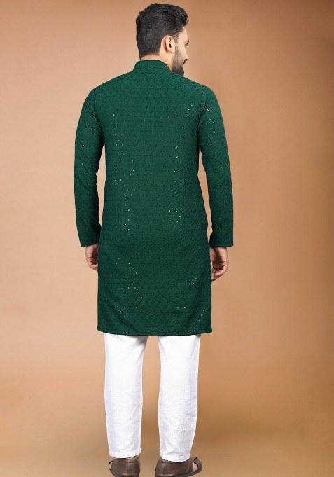 Green Embroidered Rayon Kurta Pajama Set For Men