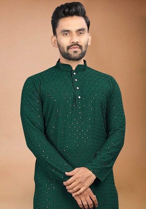 Green Embroidered Rayon Kurta Pajama Set For Men