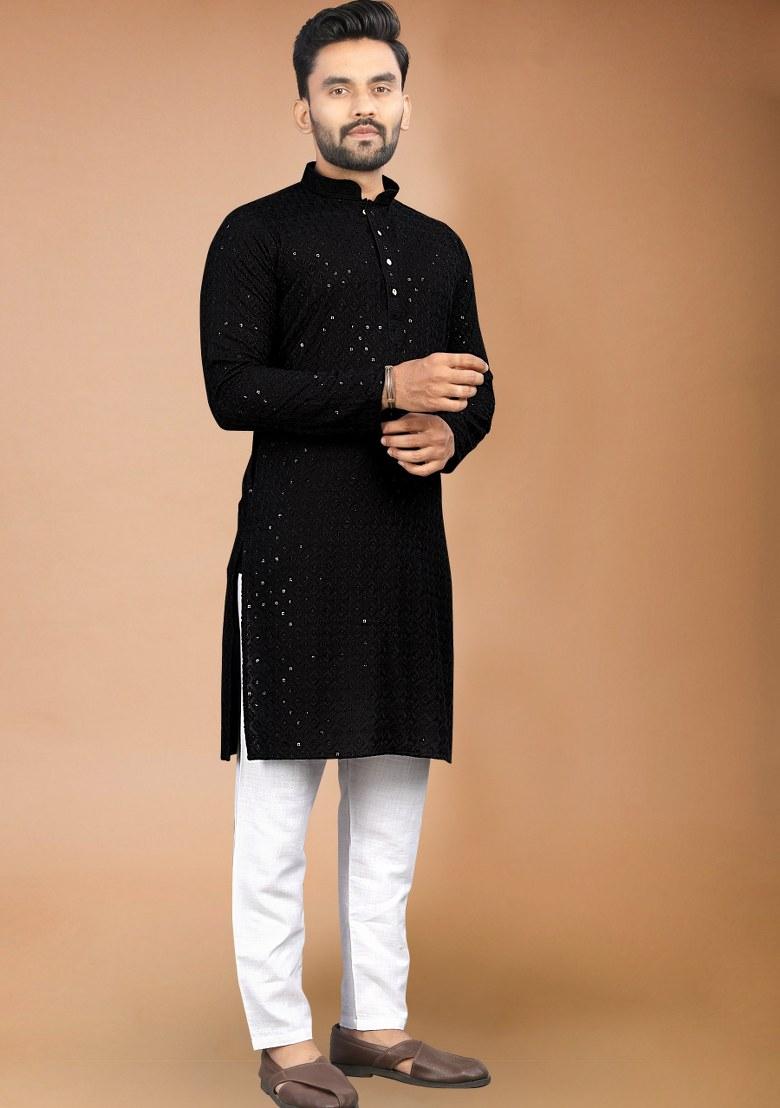 Black Embroidered Rayon Kurta Pajama Set For Men