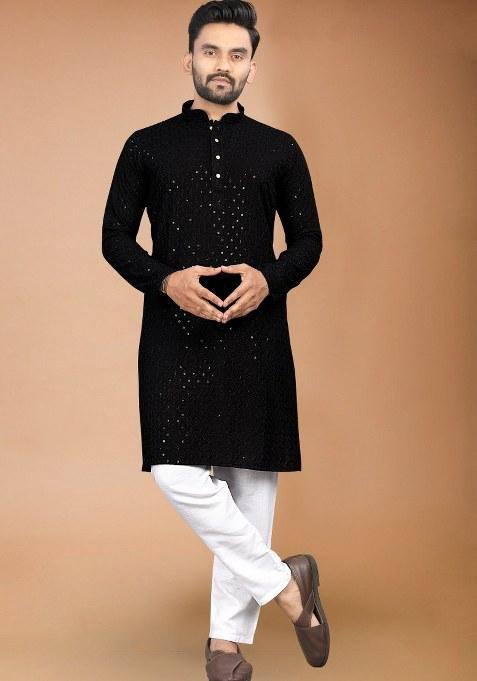Black Embroidered Rayon Kurta Pajama Set For Men
