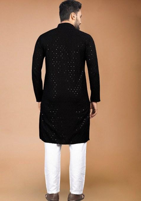 Black Embroidered Rayon Kurta Pajama Set For Men