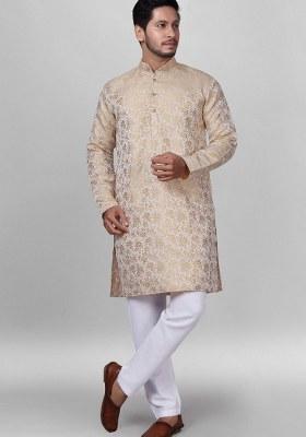 Beige Embroidered Jacquard Silk Kurta Pajama Set For Men