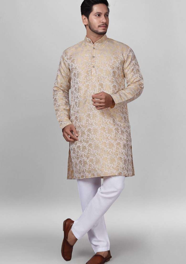 Beige Embroidered Jacquard Silk Kurta Pajama Set For Men - Indya